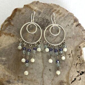 Sterling Silver 925 3" MOP Purple Blue Glass Bicone Beaded Chandelier Earrings
